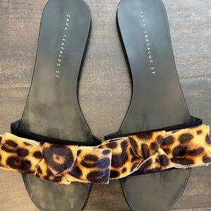 Zara Leopard Bow Slide Sandals - Black and Leopard Print